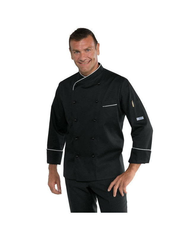 Ensemble tenue de cuisinier veste noire avec bords gris toque et pantalon noir à rayures grises XL Noir 